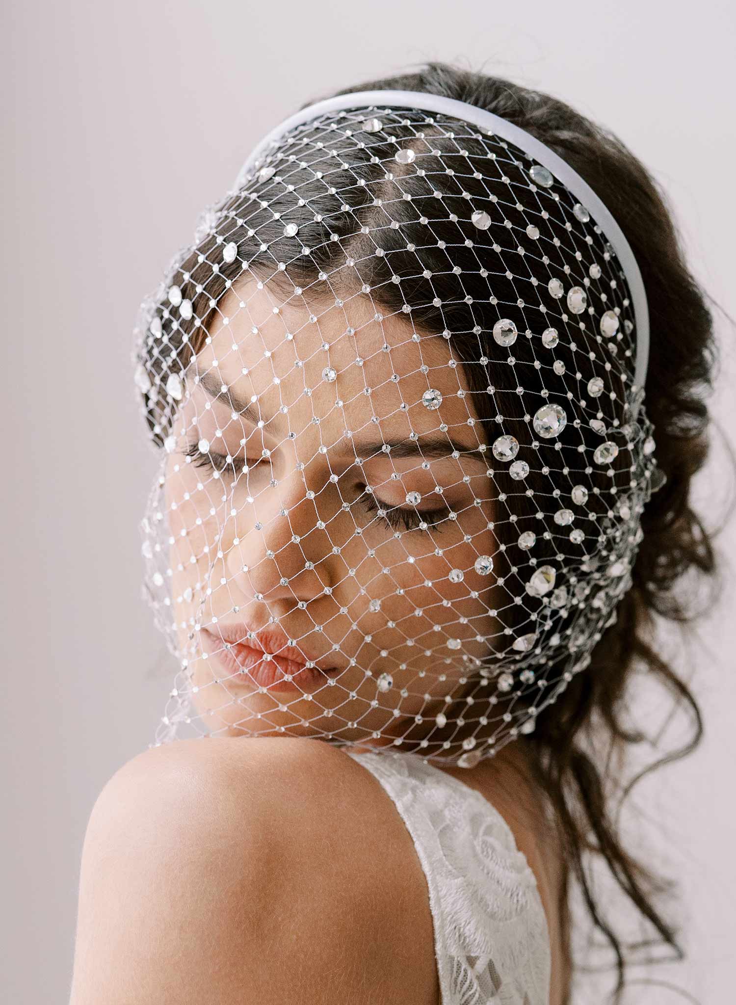 crystal encrusted bridal birdcage veil headband by twigs & honey