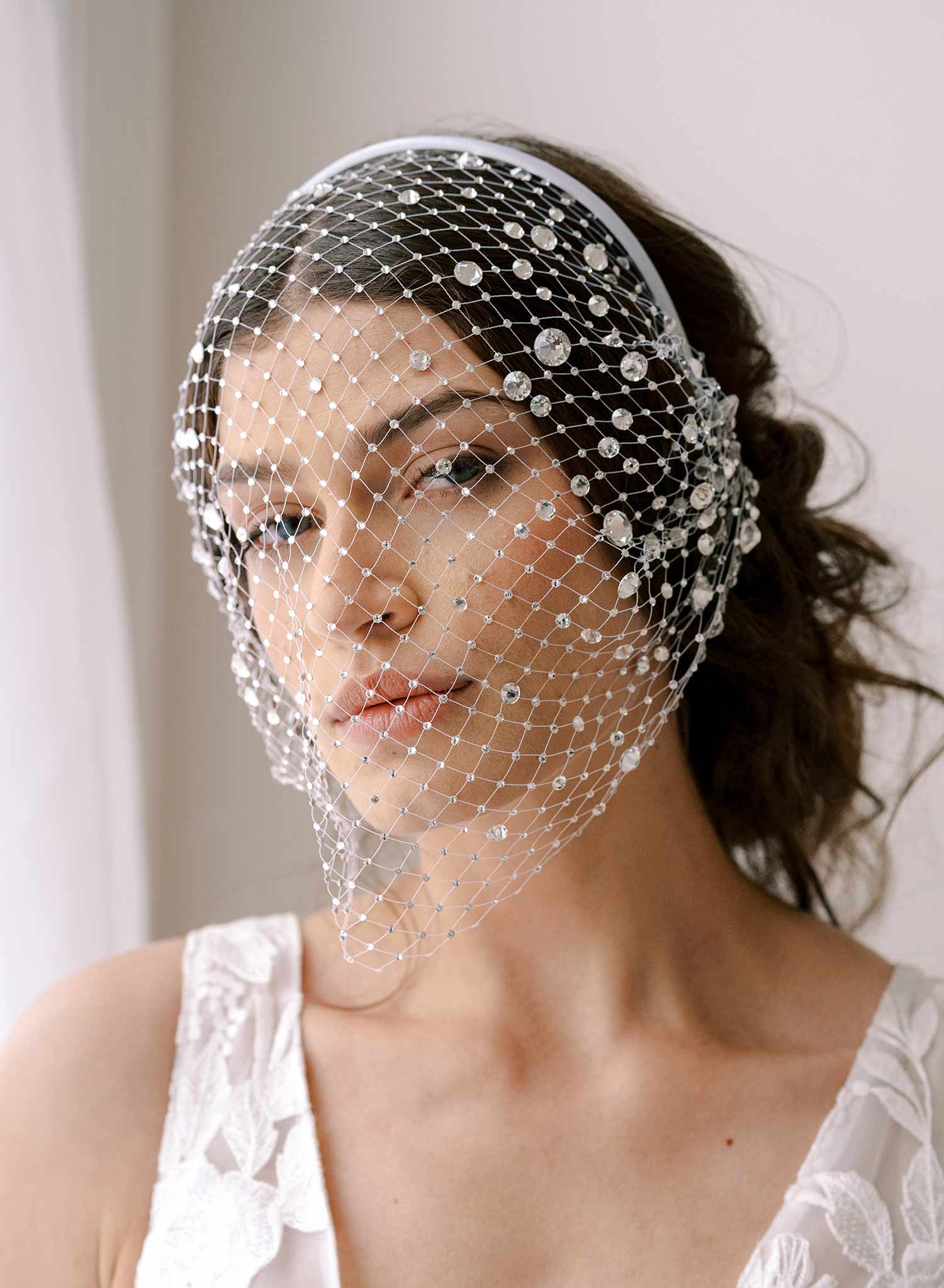 crystal encrusted bridal birdcage veil headband by twigs & honey