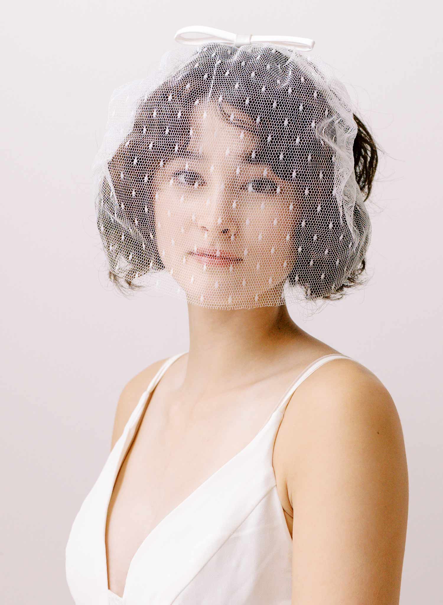 silk bow bridal short headband veil by twigs and honey