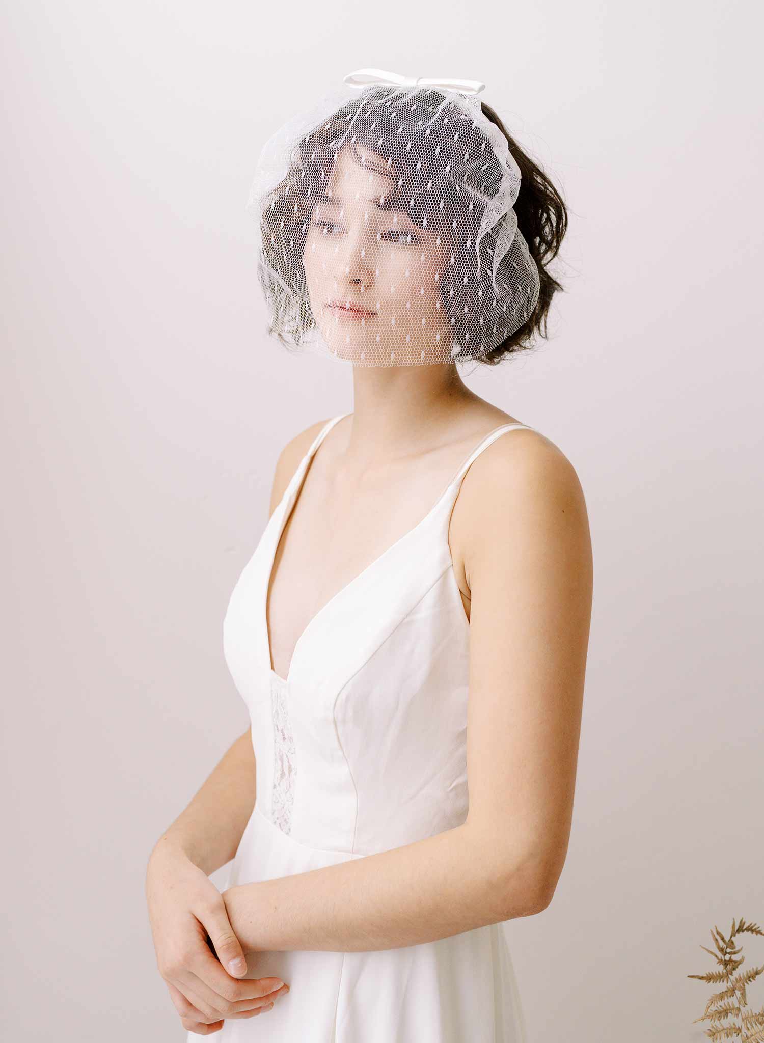 silk bow bridal short headband veil by twigs and honey