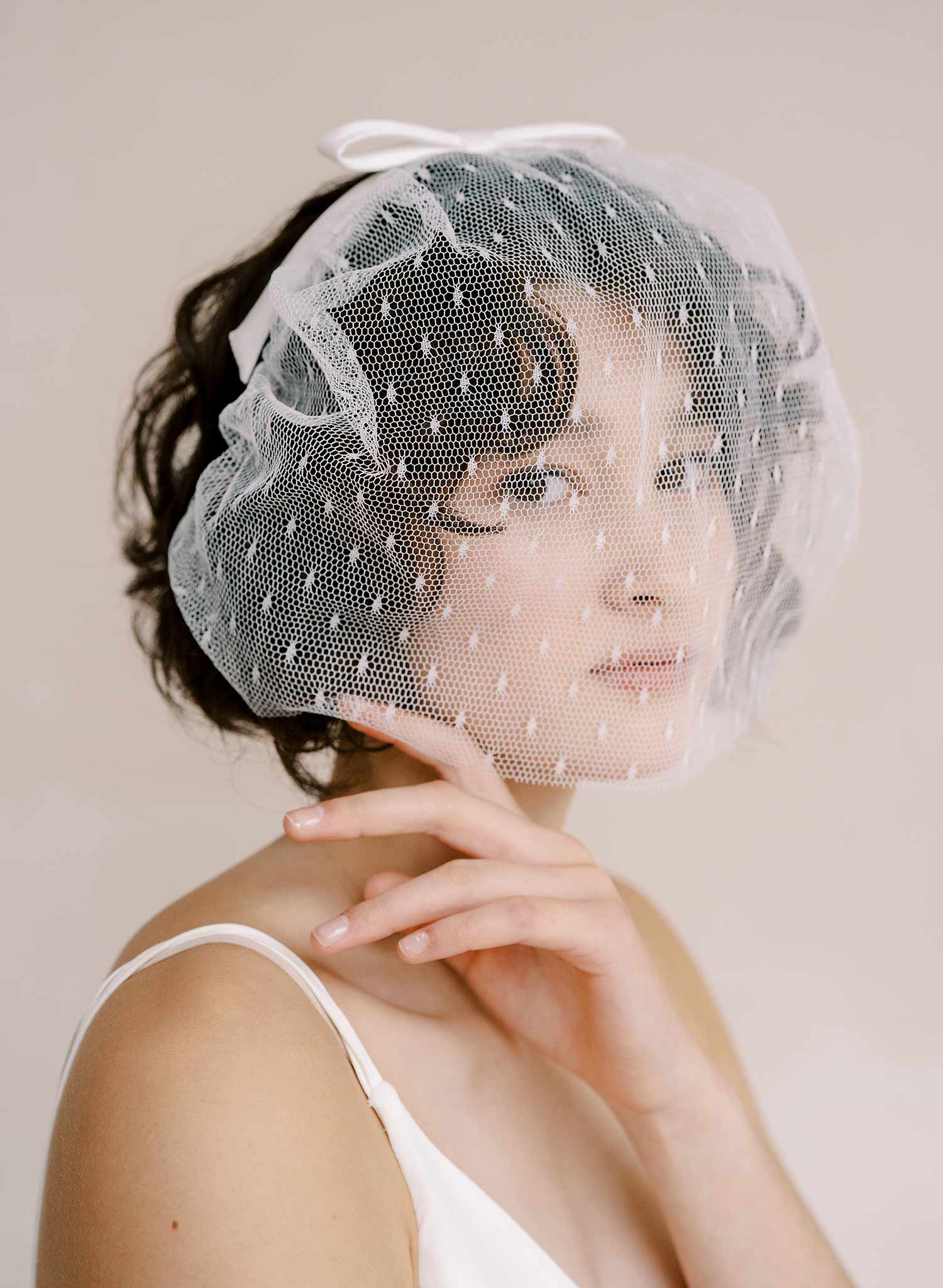 silk bow bridal short headband veil by twigs and honey