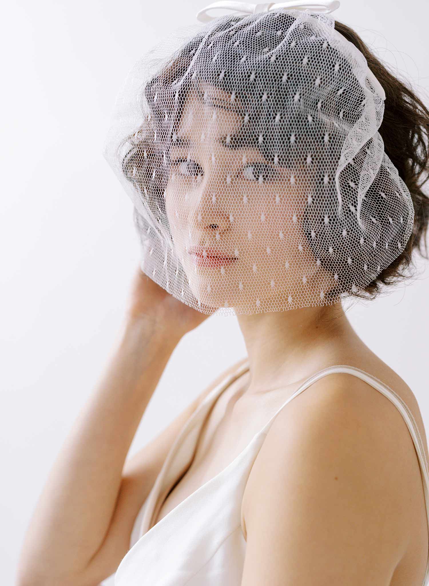 silk bow bridal short headband veil by twigs and honey