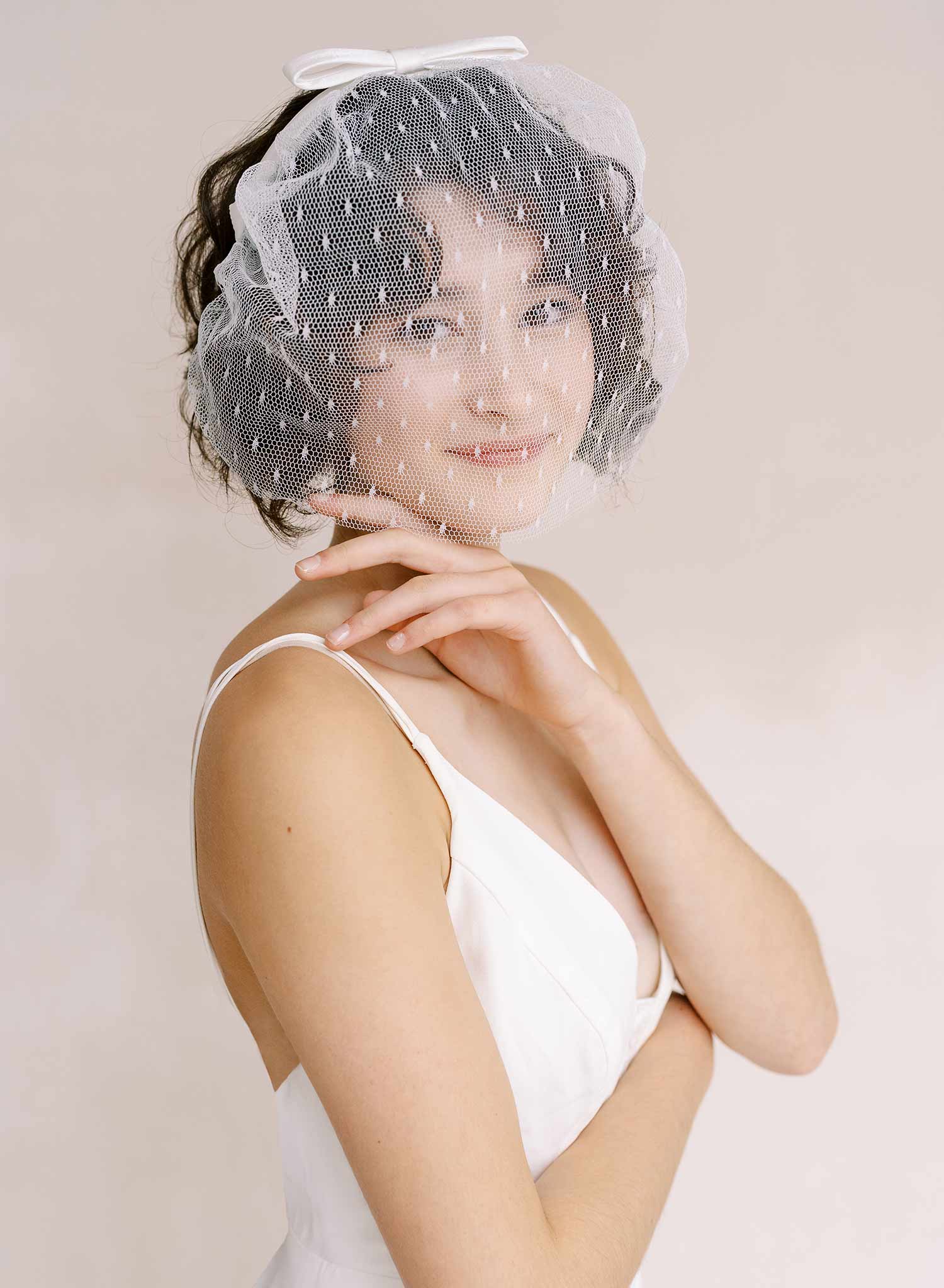 silk bow bridal short headband veil by twigs and honey