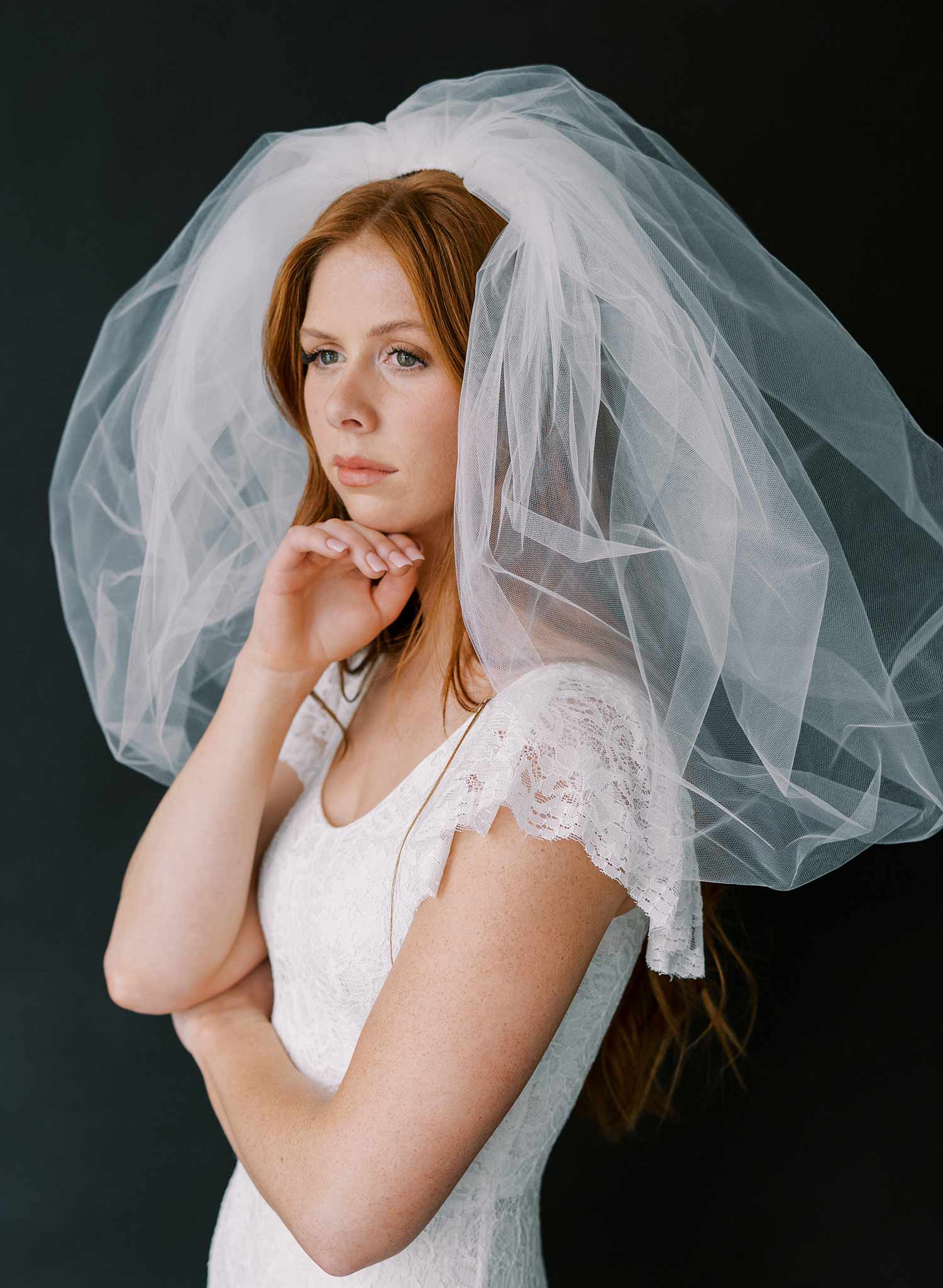 80s inspired voluminous short poufy bridal veil by twigs and honey