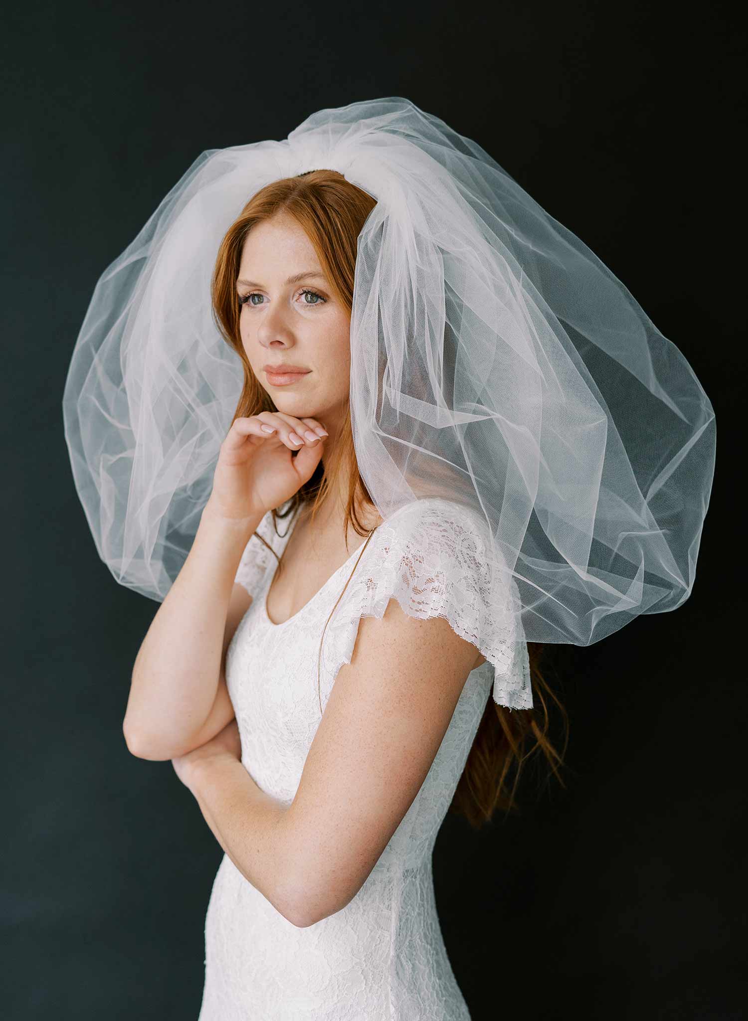 80s inspired voluminous short poufy bridal veil by twigs and honey
