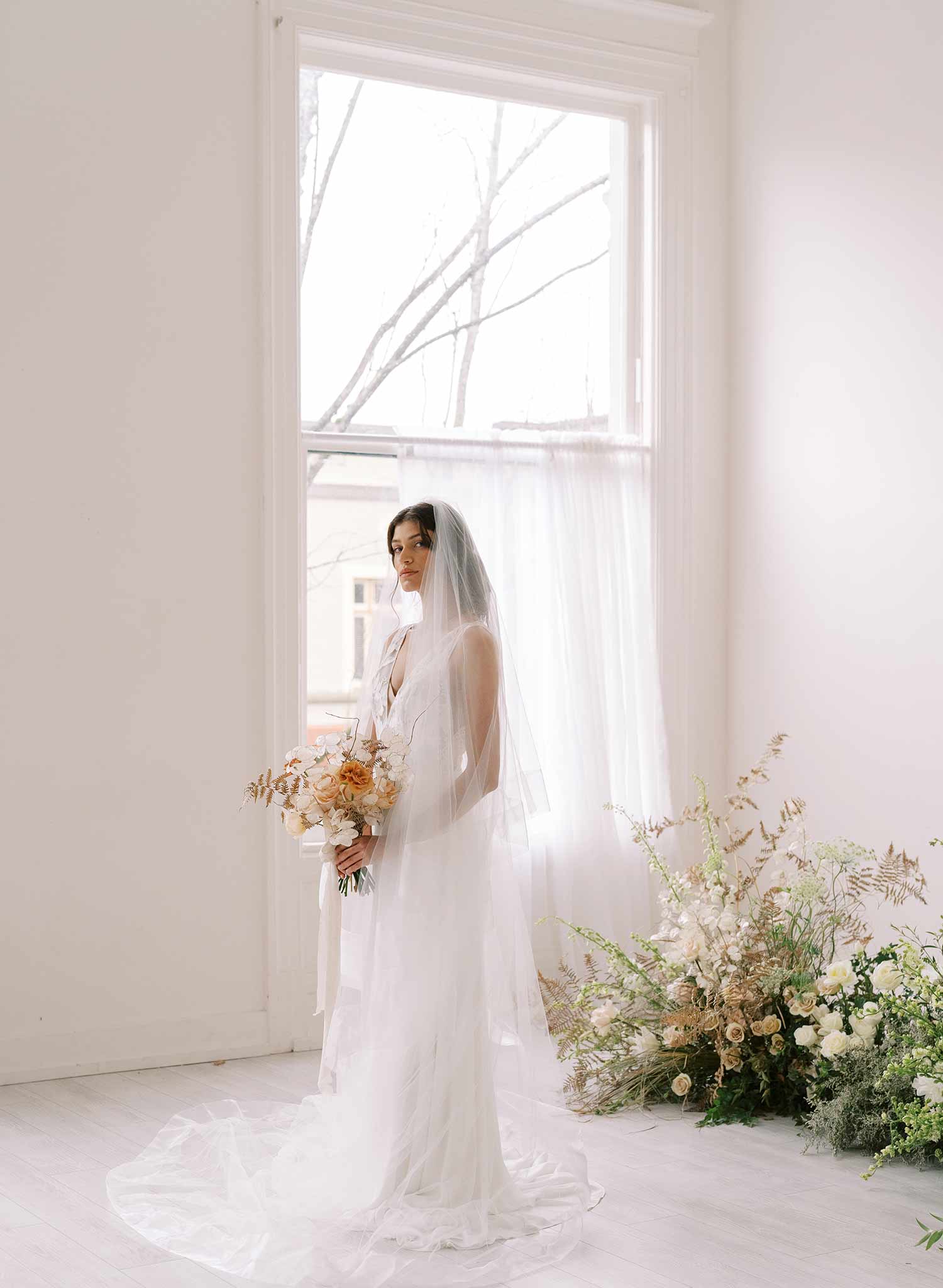 Long cathedral bridal veil with blusher and organza trim by twigs & honey