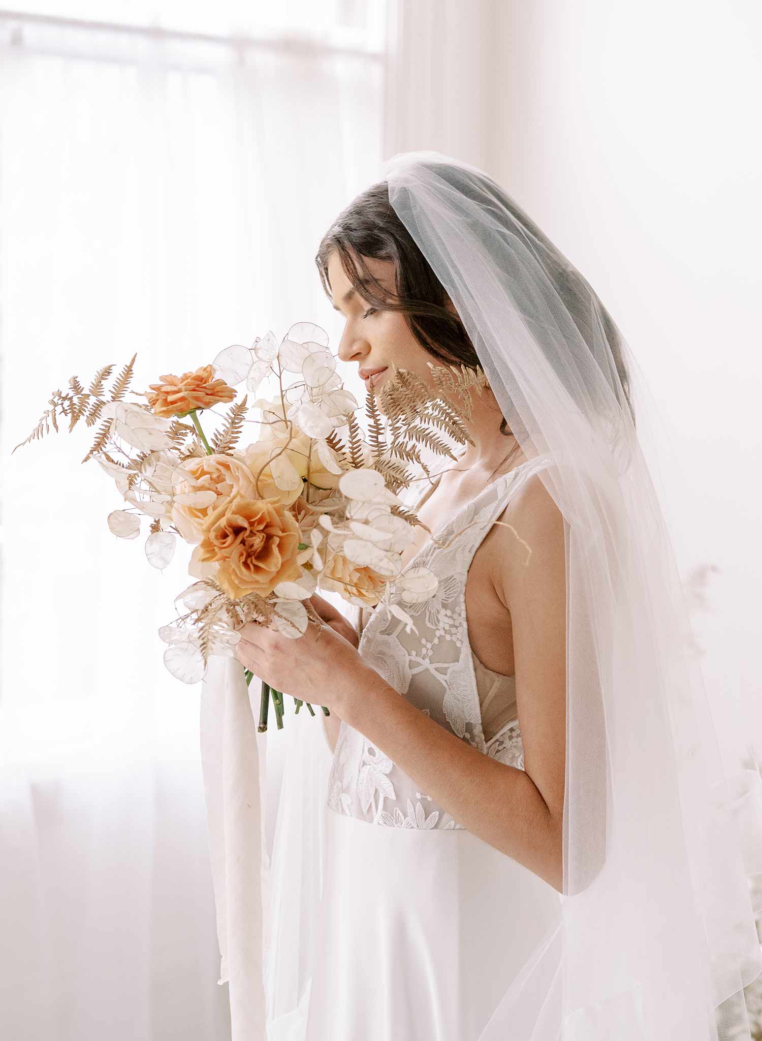 Long cathedral bridal veil with blusher and organza trim by twigs & honey