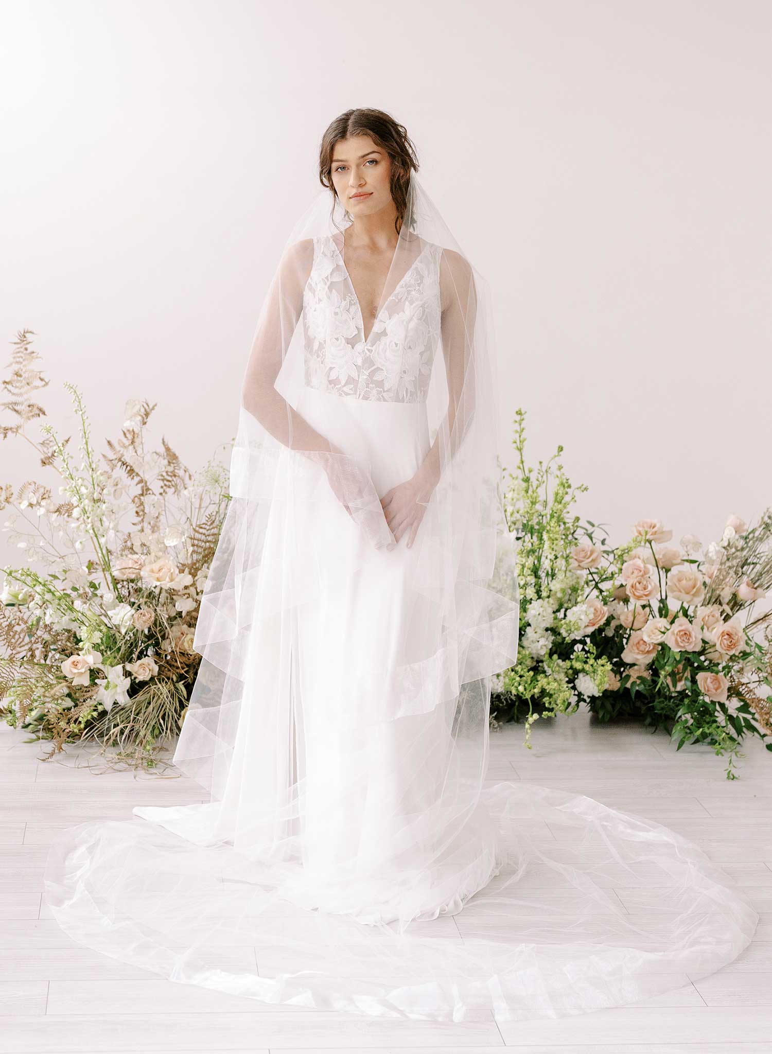 Long cathedral bridal veil with blusher and organza trim by twigs & honey