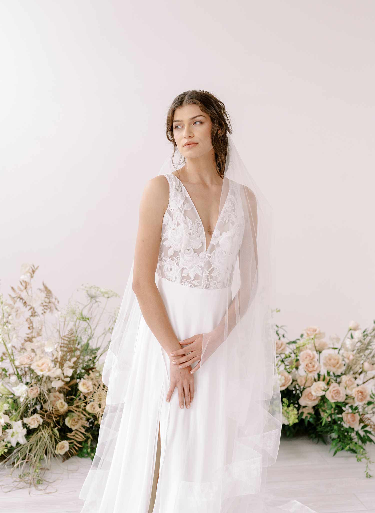 Long cathedral bridal veil with blusher and organza trim by twigs & honey