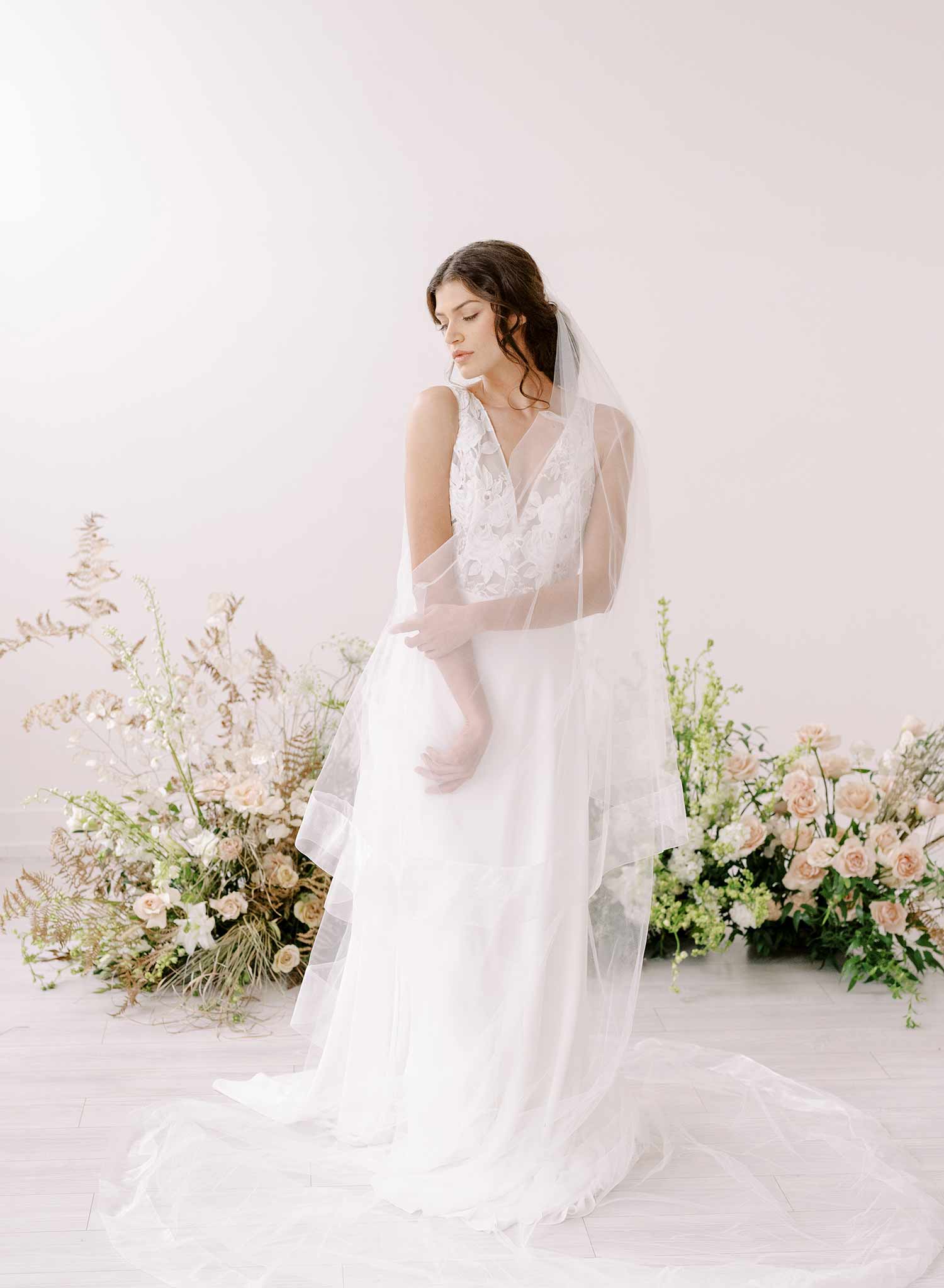 Long cathedral bridal veil with blusher and organza trim by twigs & honey
