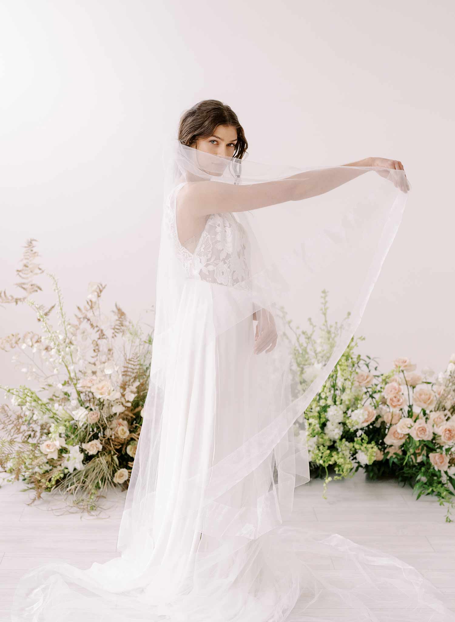 Long cathedral bridal veil with blusher and organza trim by twigs & honey
