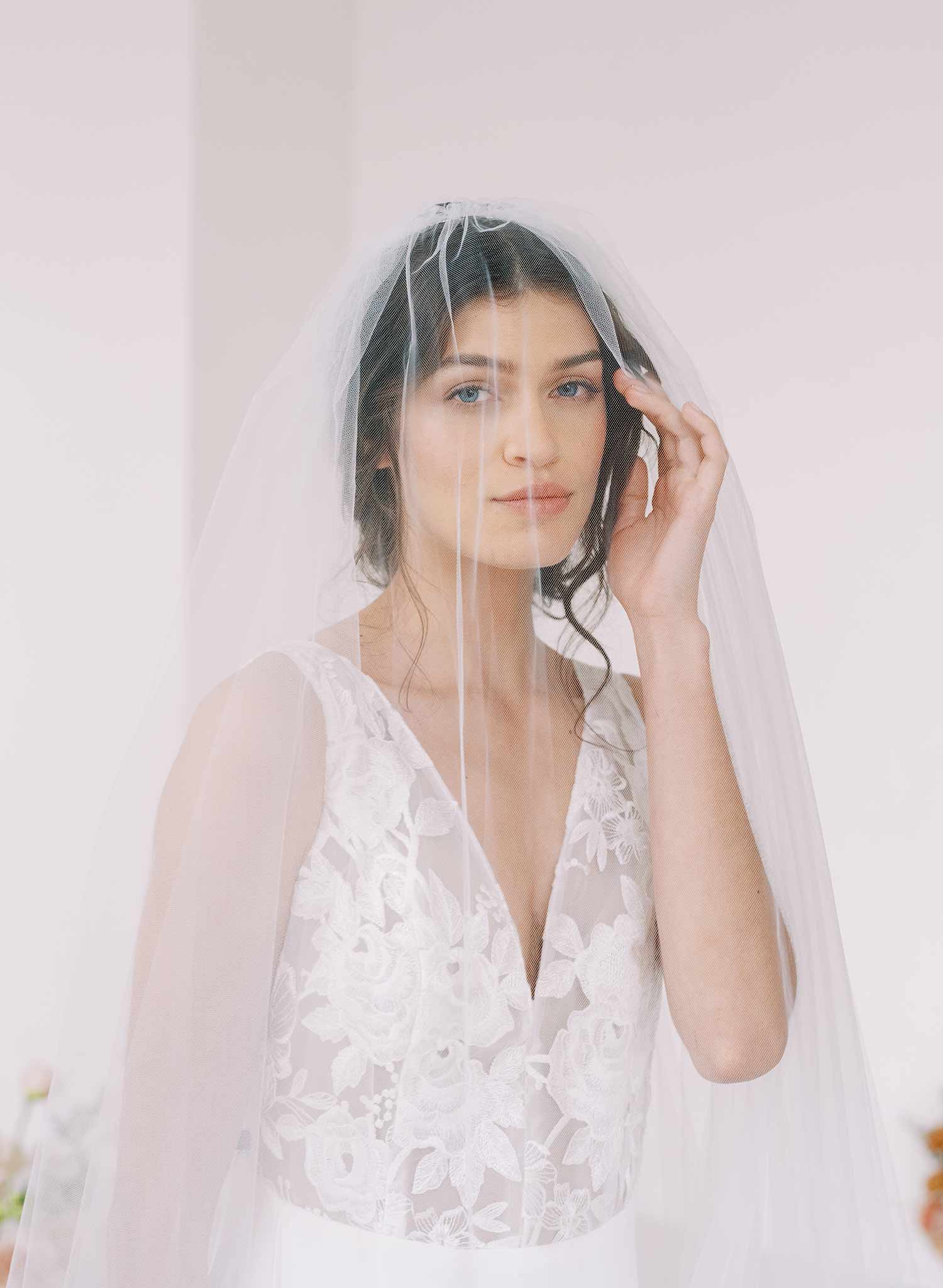 Long cathedral bridal veil with blusher and organza trim by twigs & honey