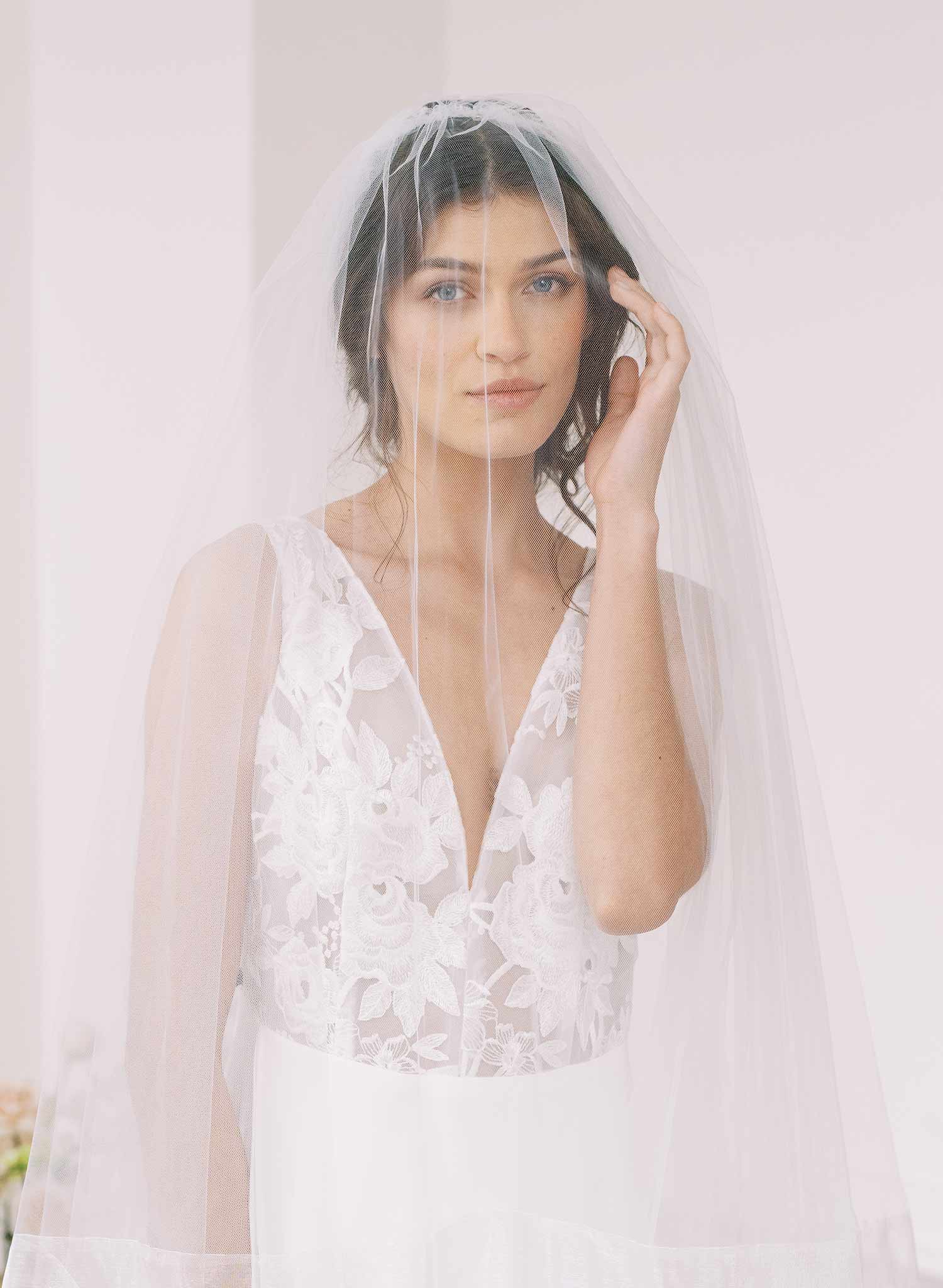 Long cathedral bridal veil with blusher and organza trim by twigs & honey
