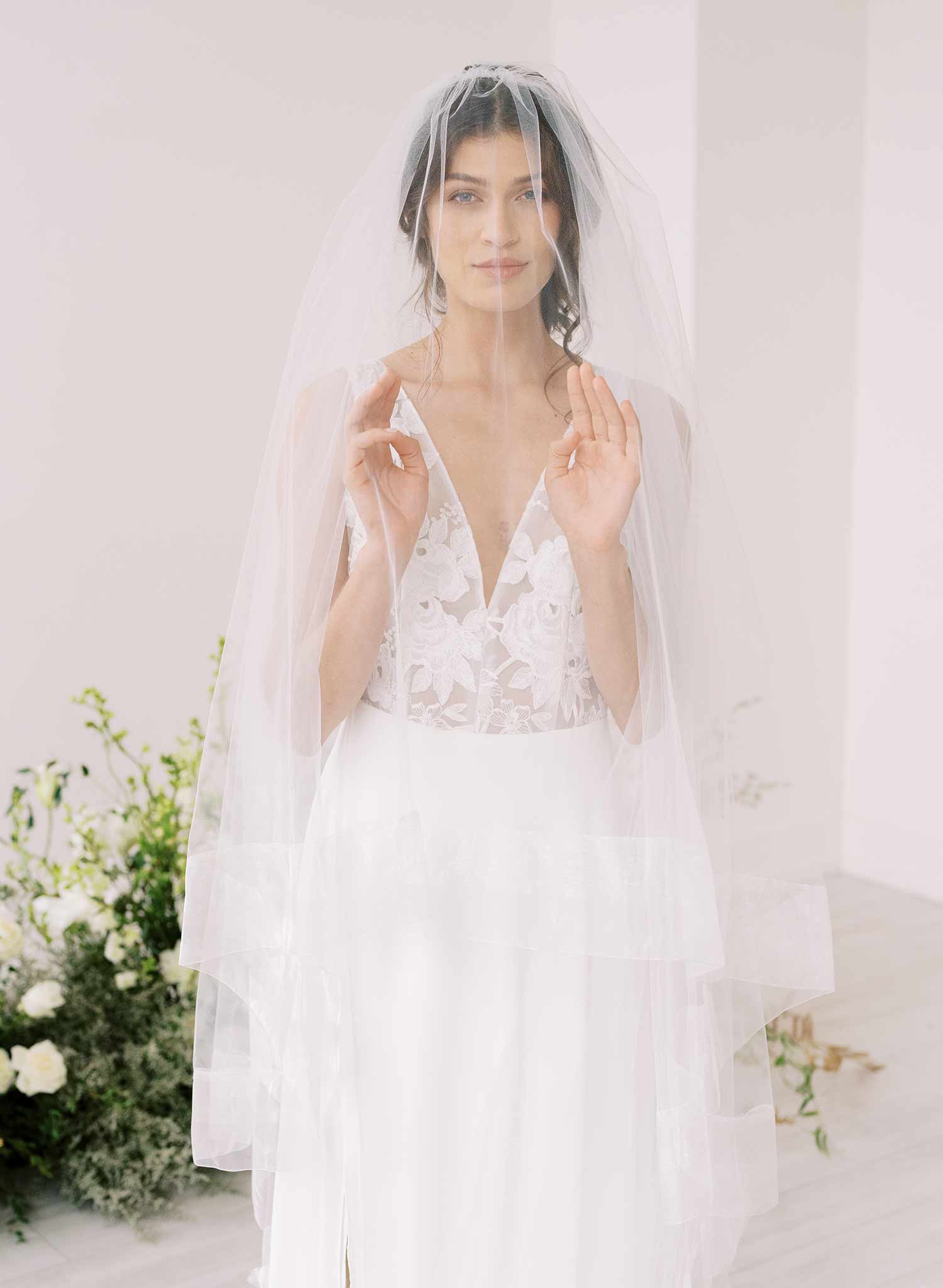 Long cathedral bridal veil with blusher and organza trim by twigs & honey