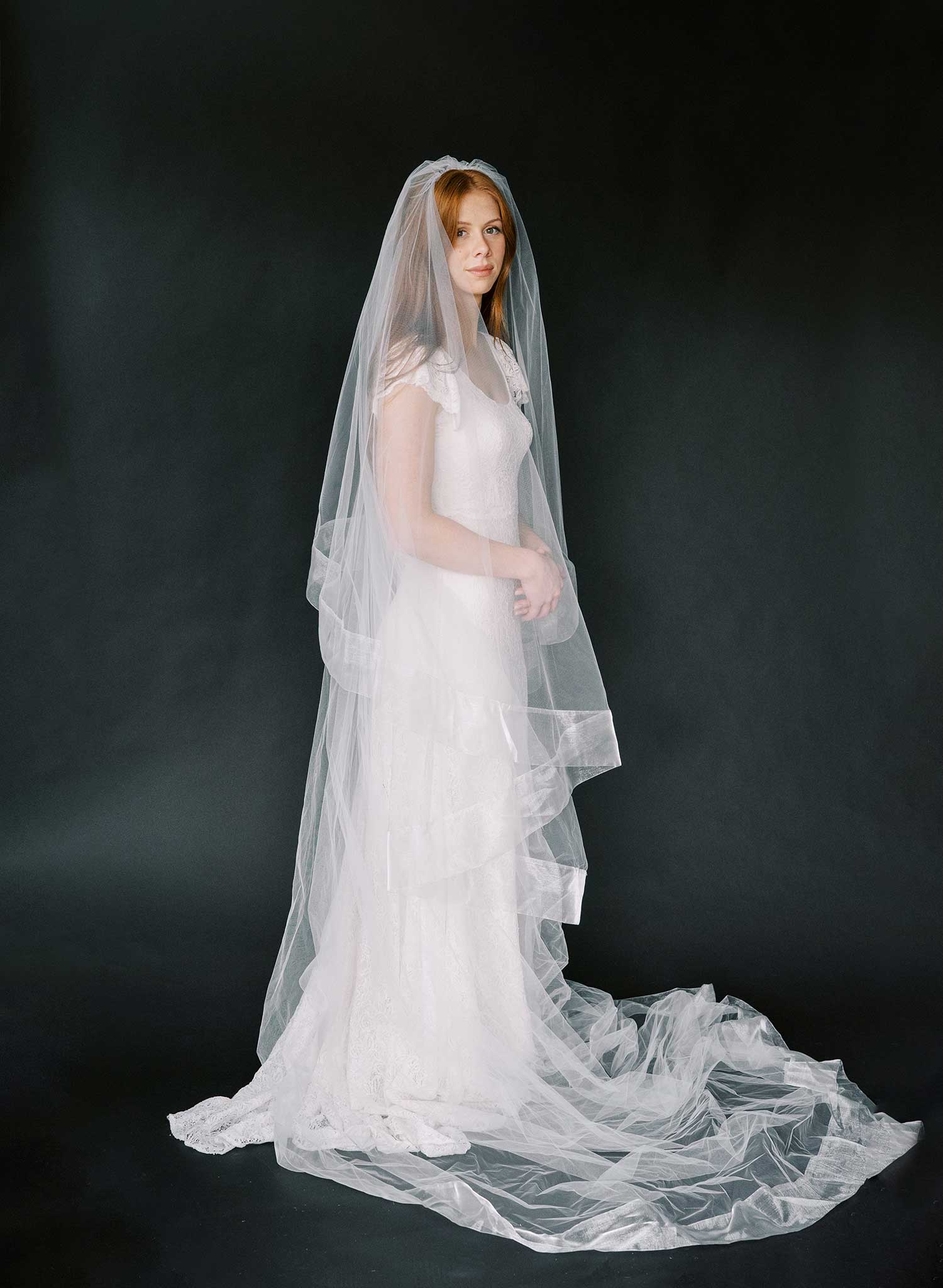 Long cathedral bridal veil with blusher and organza trim by twigs & honey