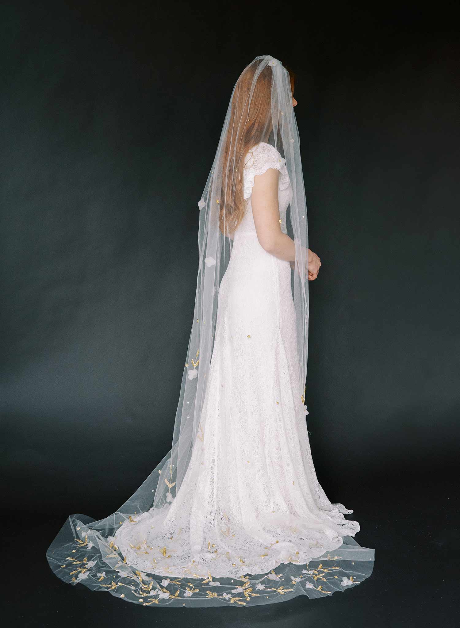 Cathedral bridal veil with hand sewn flowers by twigs & honey