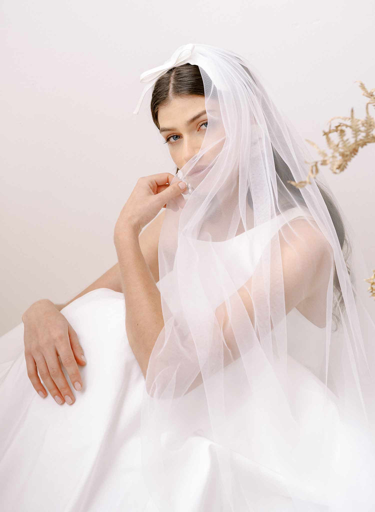 Soft bridal train tulle veil with silk bow by twigs and honey