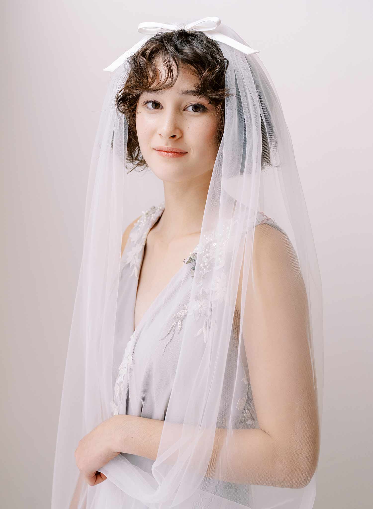 Soft bridal train tulle veil with silk bow by twigs and honey
