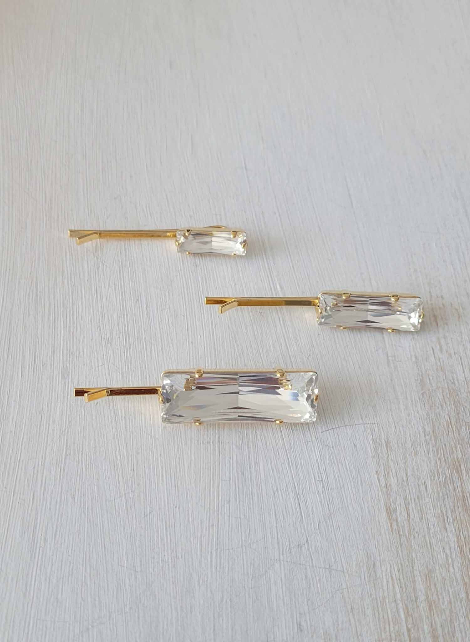 Baguette rectangular shaped crystal bridal hair pin set by twigs and honey