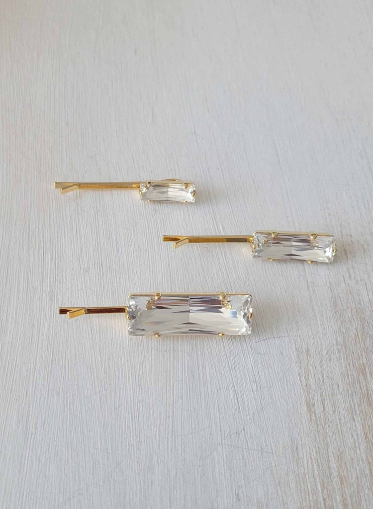 Baguette rectangular shaped crystal bridal hair pin set by twigs and honey