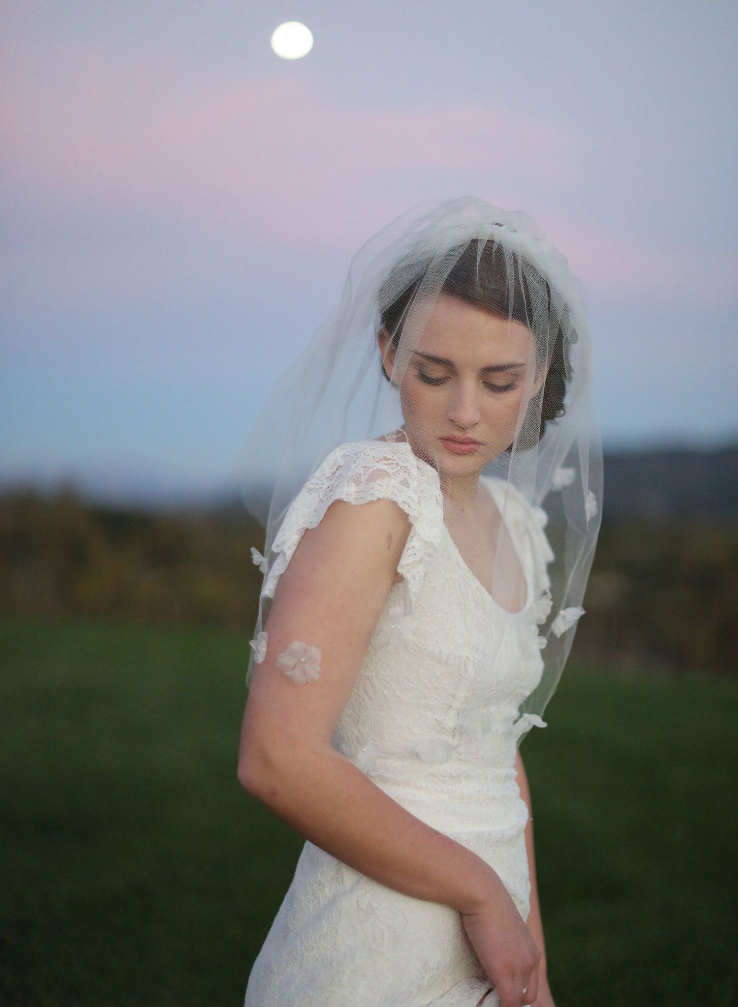 silk tulle birdcage veil, lace flowers, silk flowers, bridal hair, twigs and honey