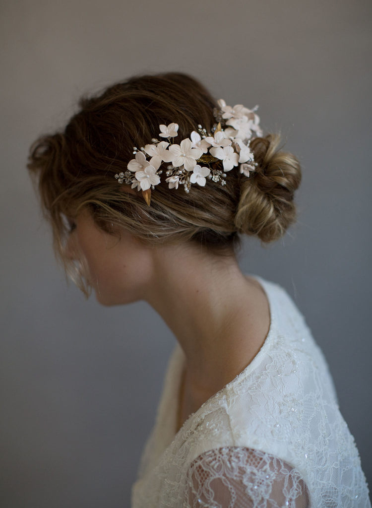 floral bridal headpiece, handmade, clay flowers, bridal hair accessory, nature inspired, twigs and honey
