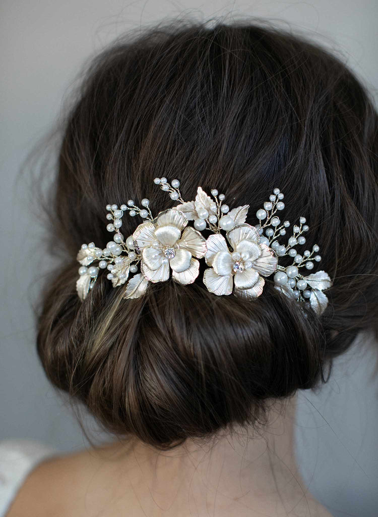 bridal floral hair comb, gold hair comb, bridal hair accessories, wedding headpiece, twigs and honey, pearls