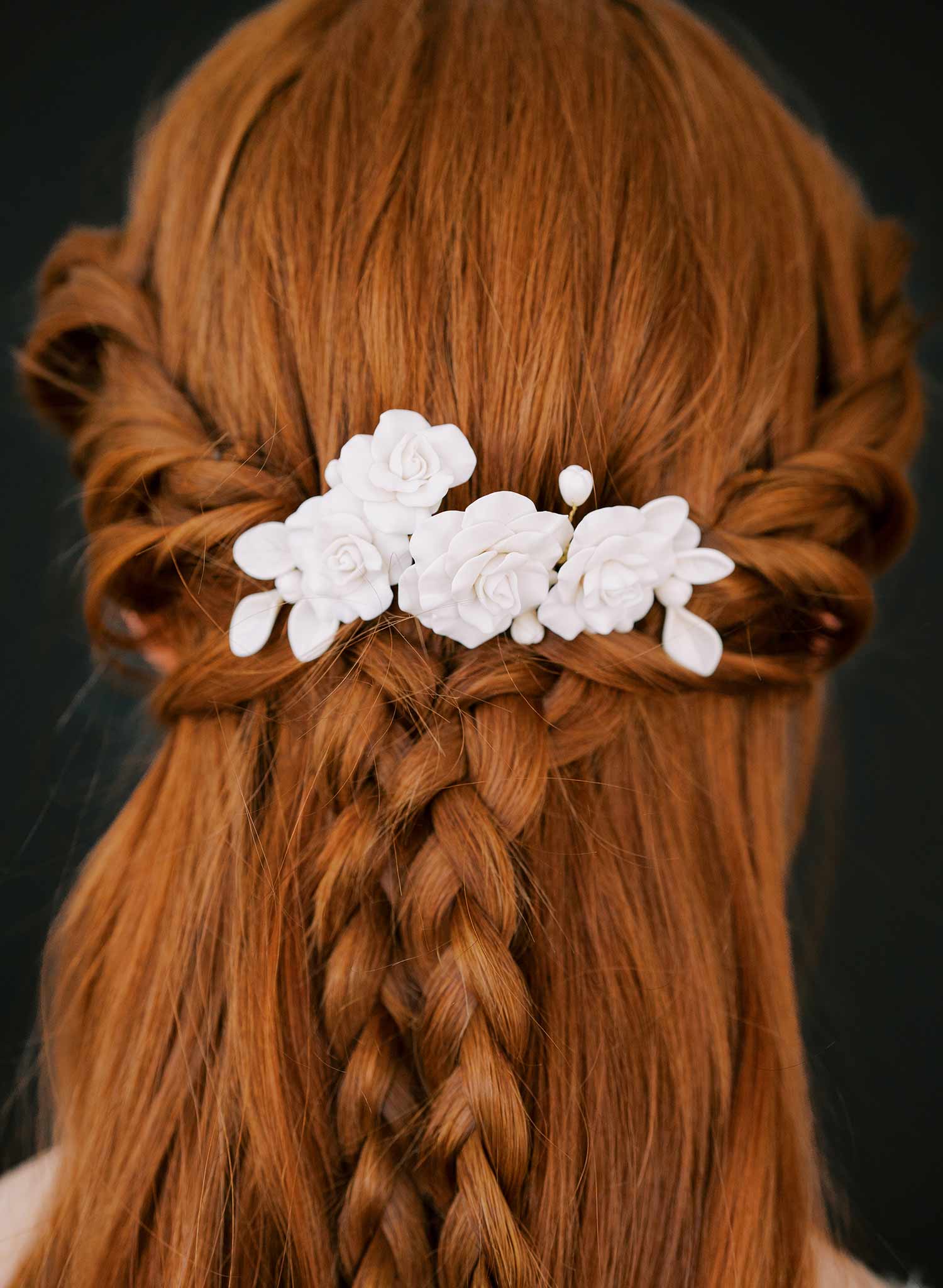 handmade clay rose floral gold wedding hair comb, twigs & honey