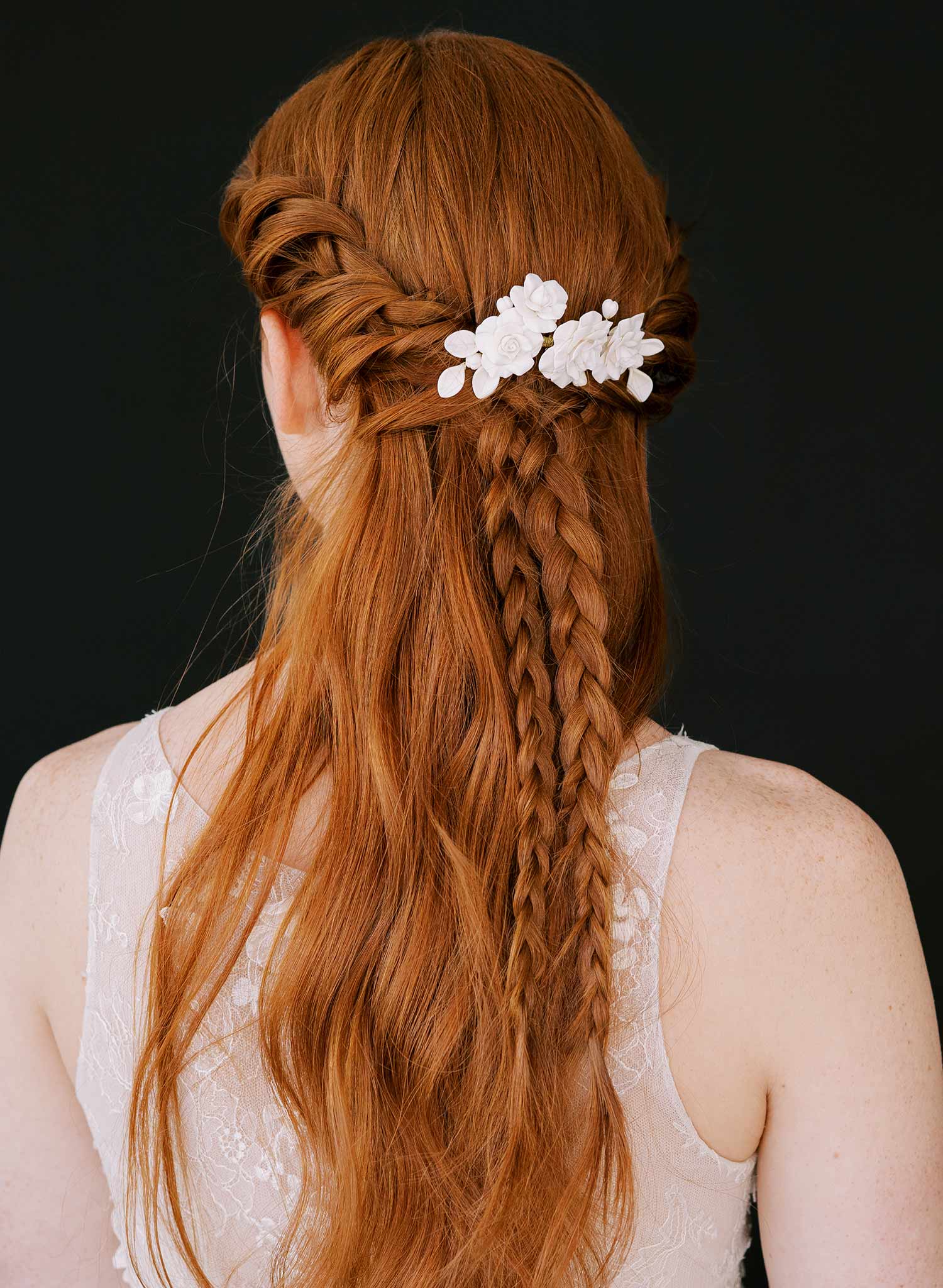 handmade clay rose floral gold wedding hair comb, twigs & honey