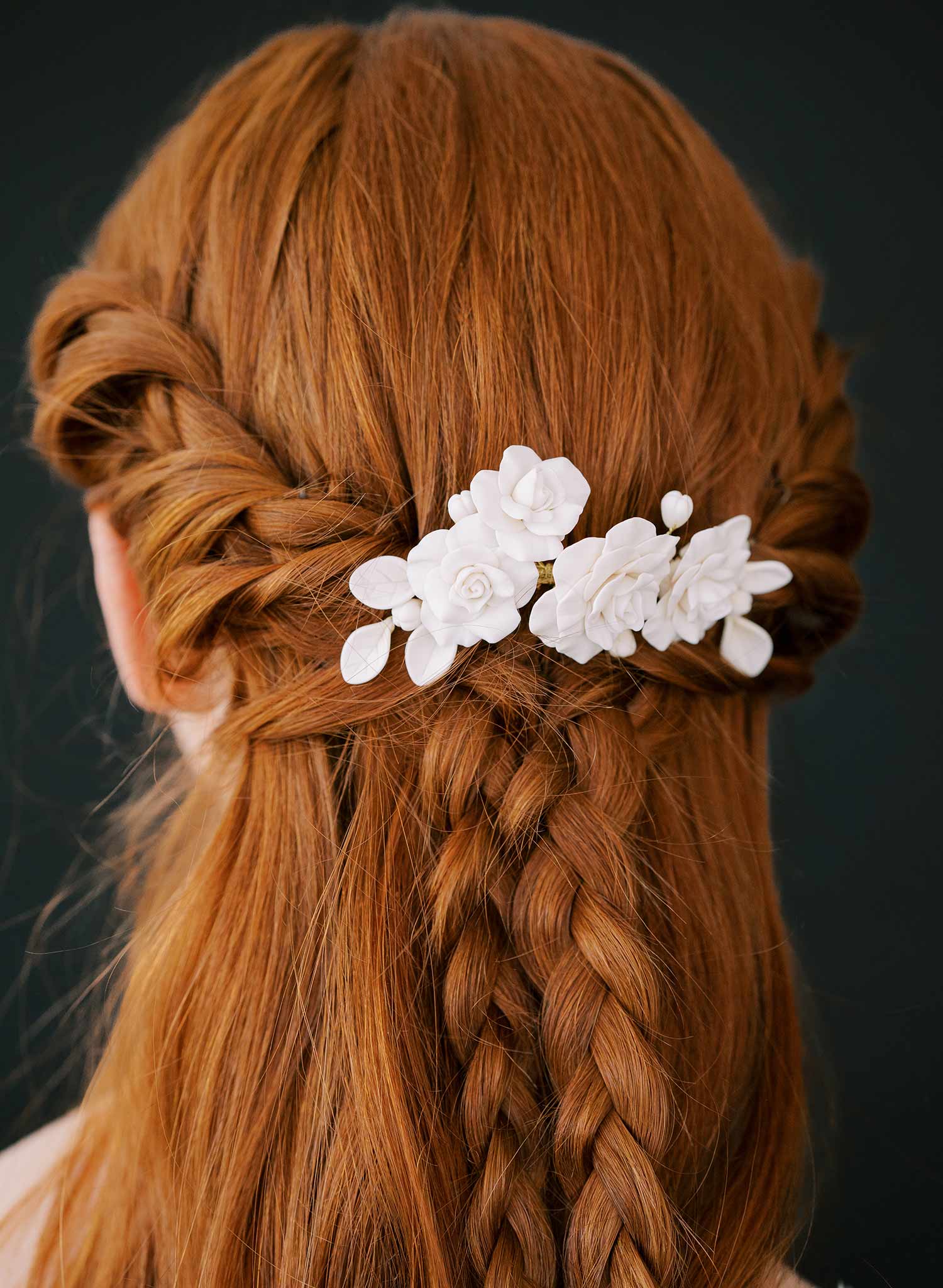 handmade clay rose floral gold wedding hair comb, twigs & honey