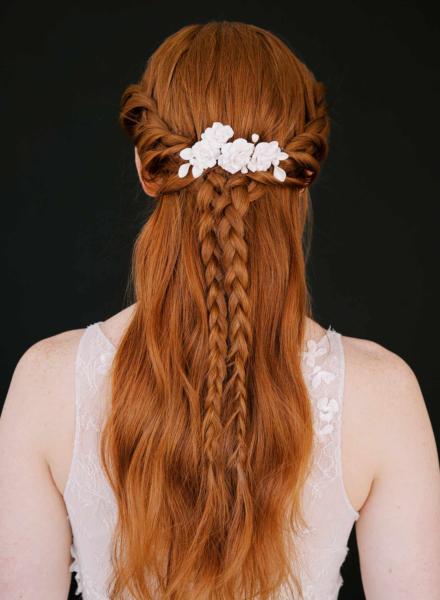 handmade clay rose floral gold wedding hair comb, twigs & honey