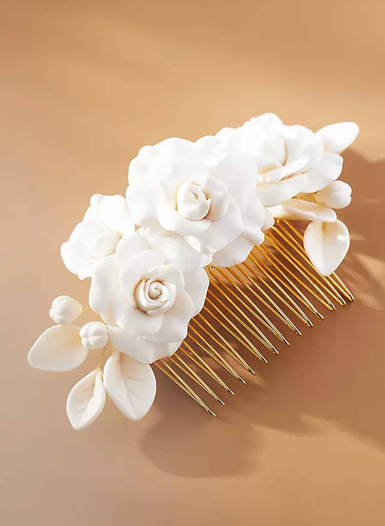 handmade clay rose floral gold wedding hair comb, twigs & honey