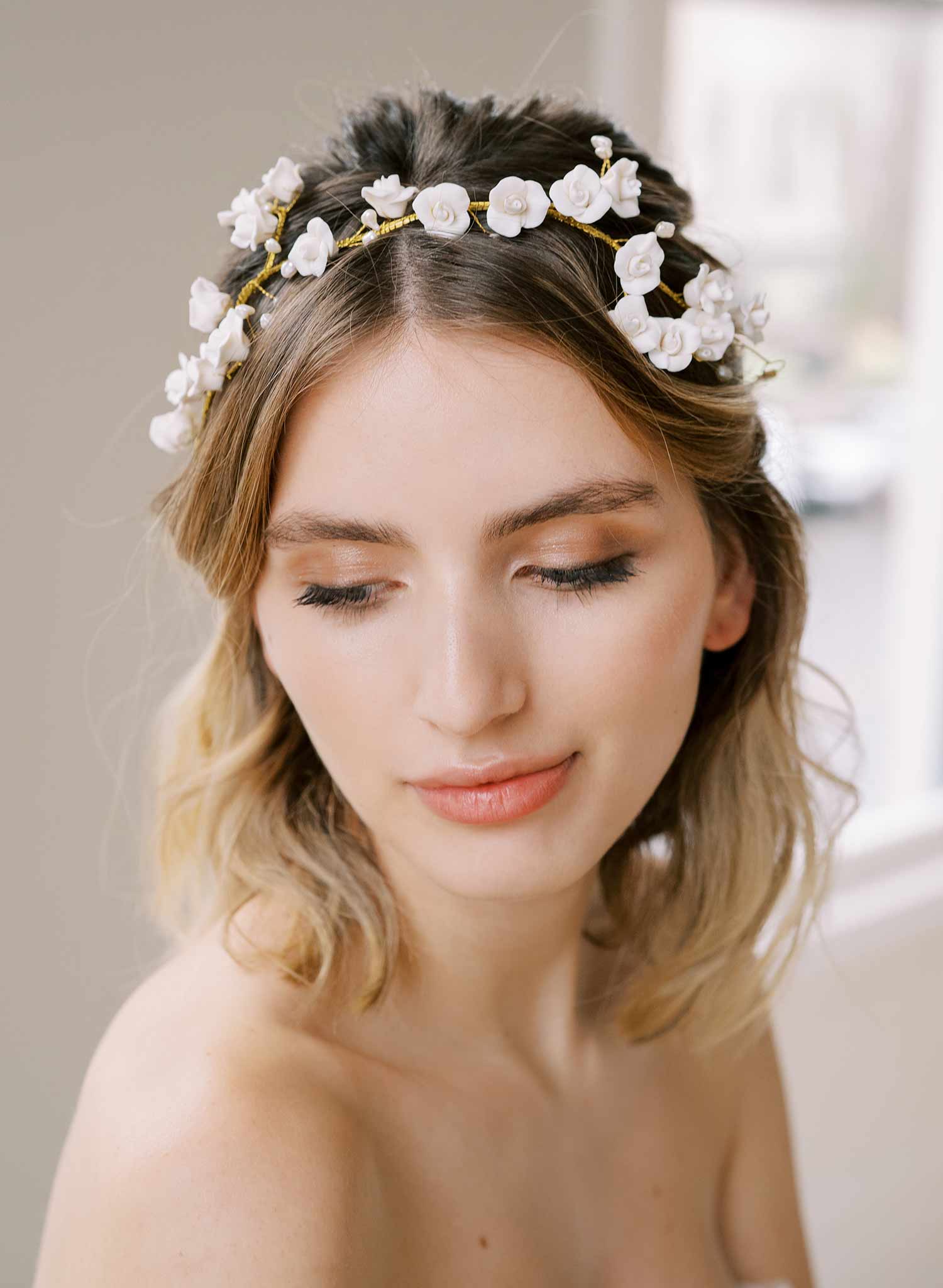 handmade clay rose floral pearl gold headband hair vine, twigs and honey