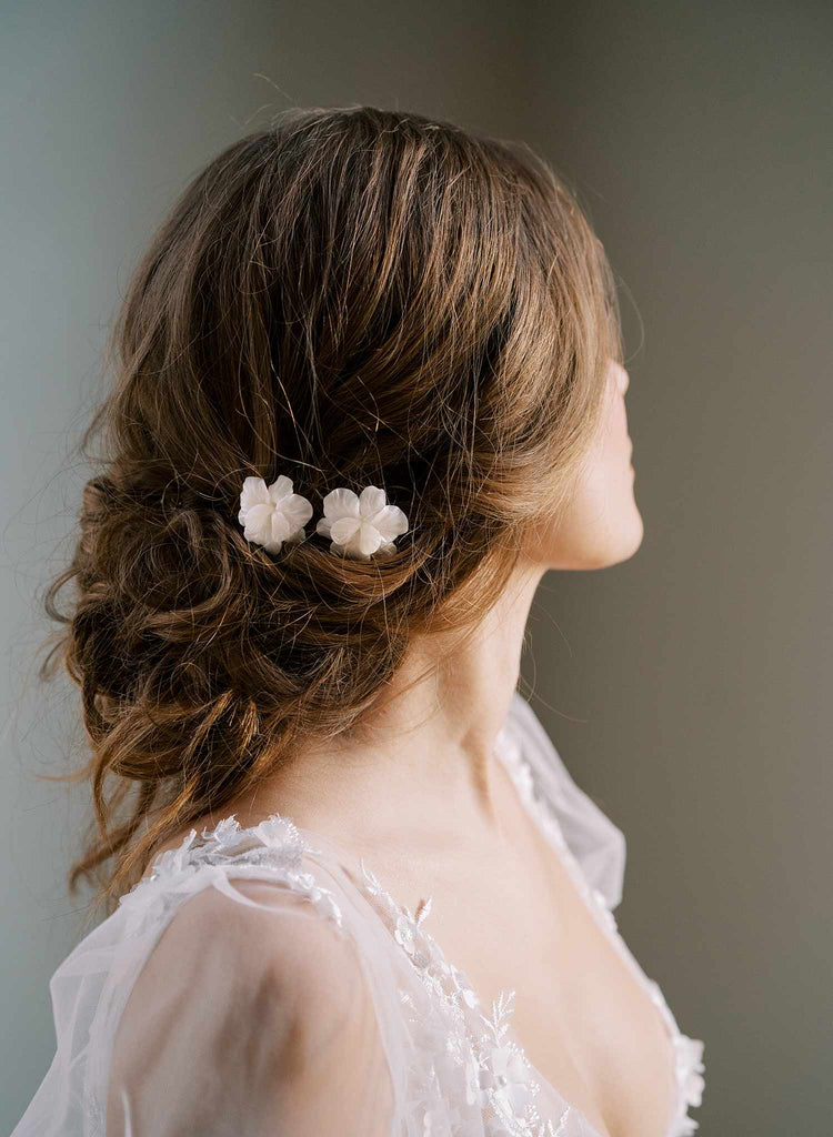 white handmade clay flower gold bridal hair pin set, twigs & honey