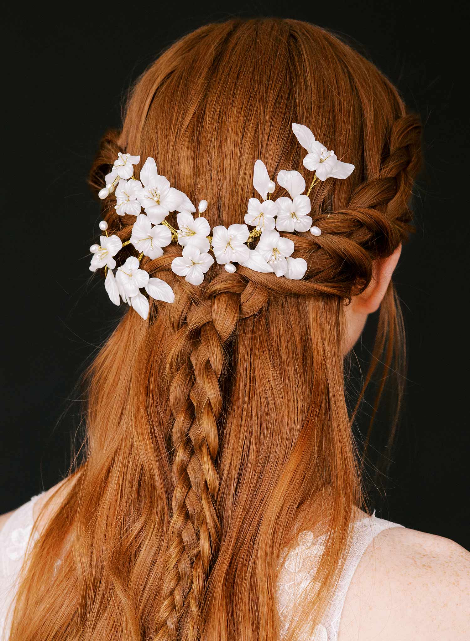 white handmade clay flower pearl gold bridal hair comb, twigs and honey