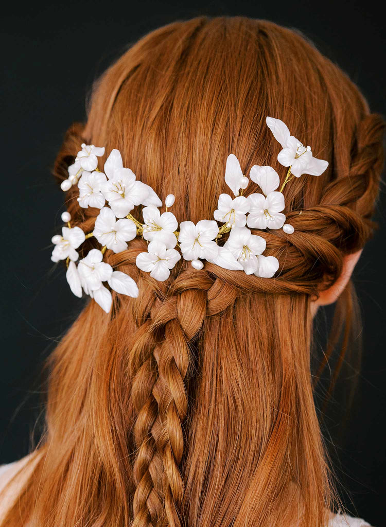 white handmade clay flower pearl gold bridal hair comb, twigs and honey