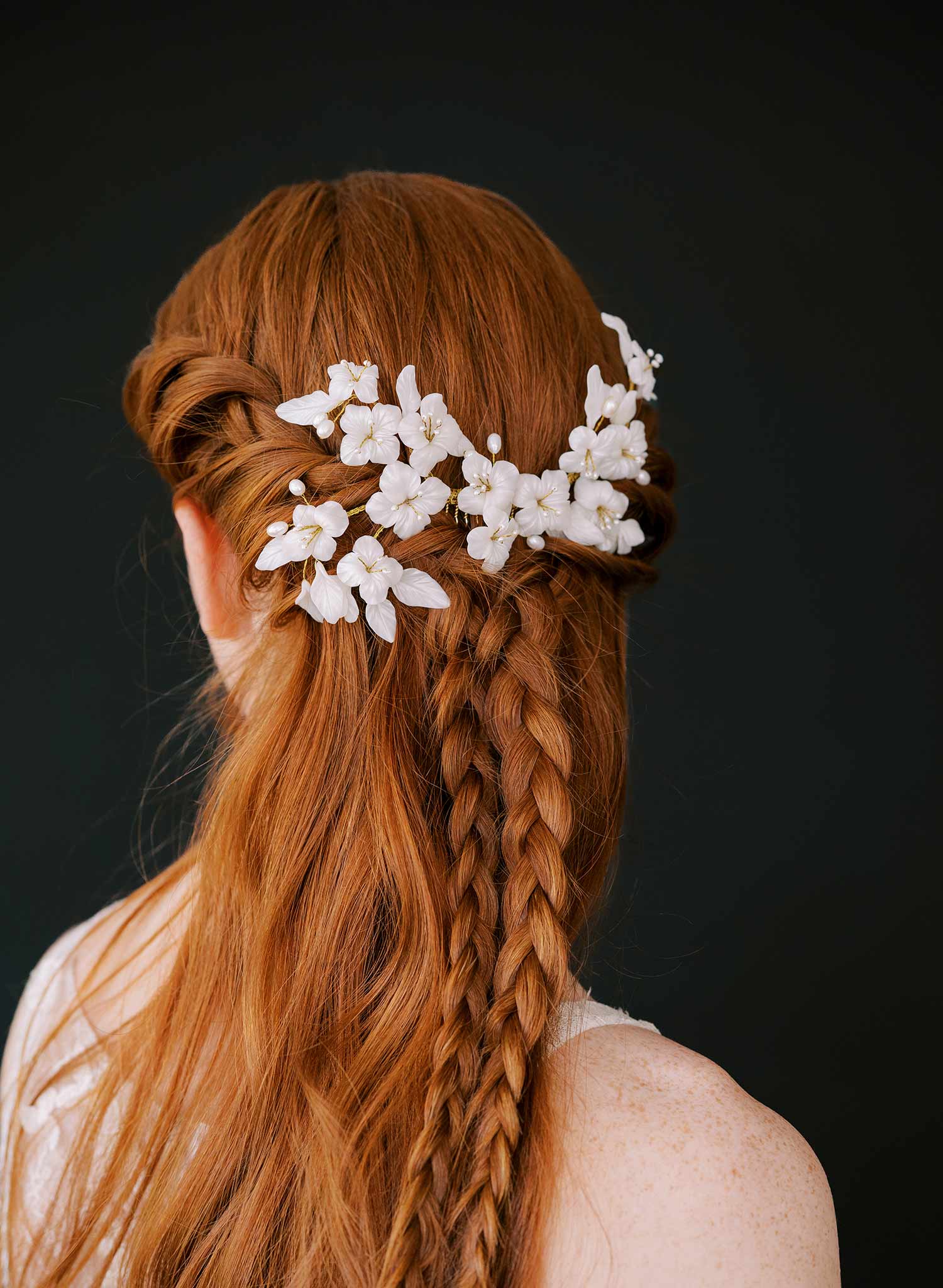 white handmade clay flower pearl gold bridal hair comb, twigs and honey