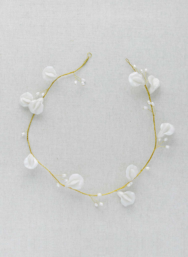 handmade white clay floral gold bridal headband hair vine, twigs & honey