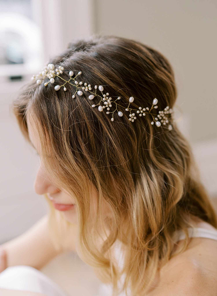 handmade wired pearl gold wedding headband hair vine, twigs & honey