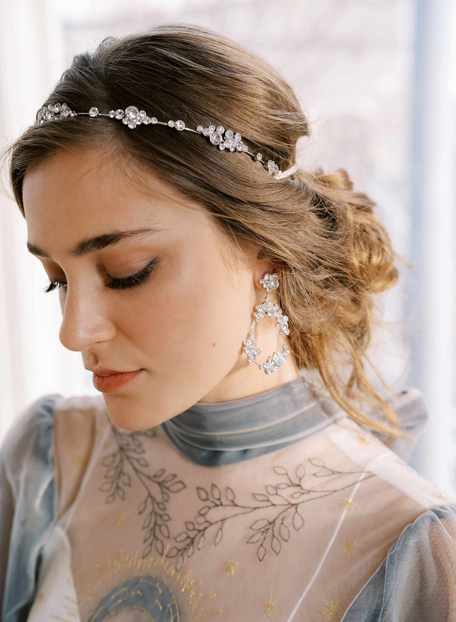 rigid sparkly crystal cluster gold or silver bridal hair halo headband, twigs and honey