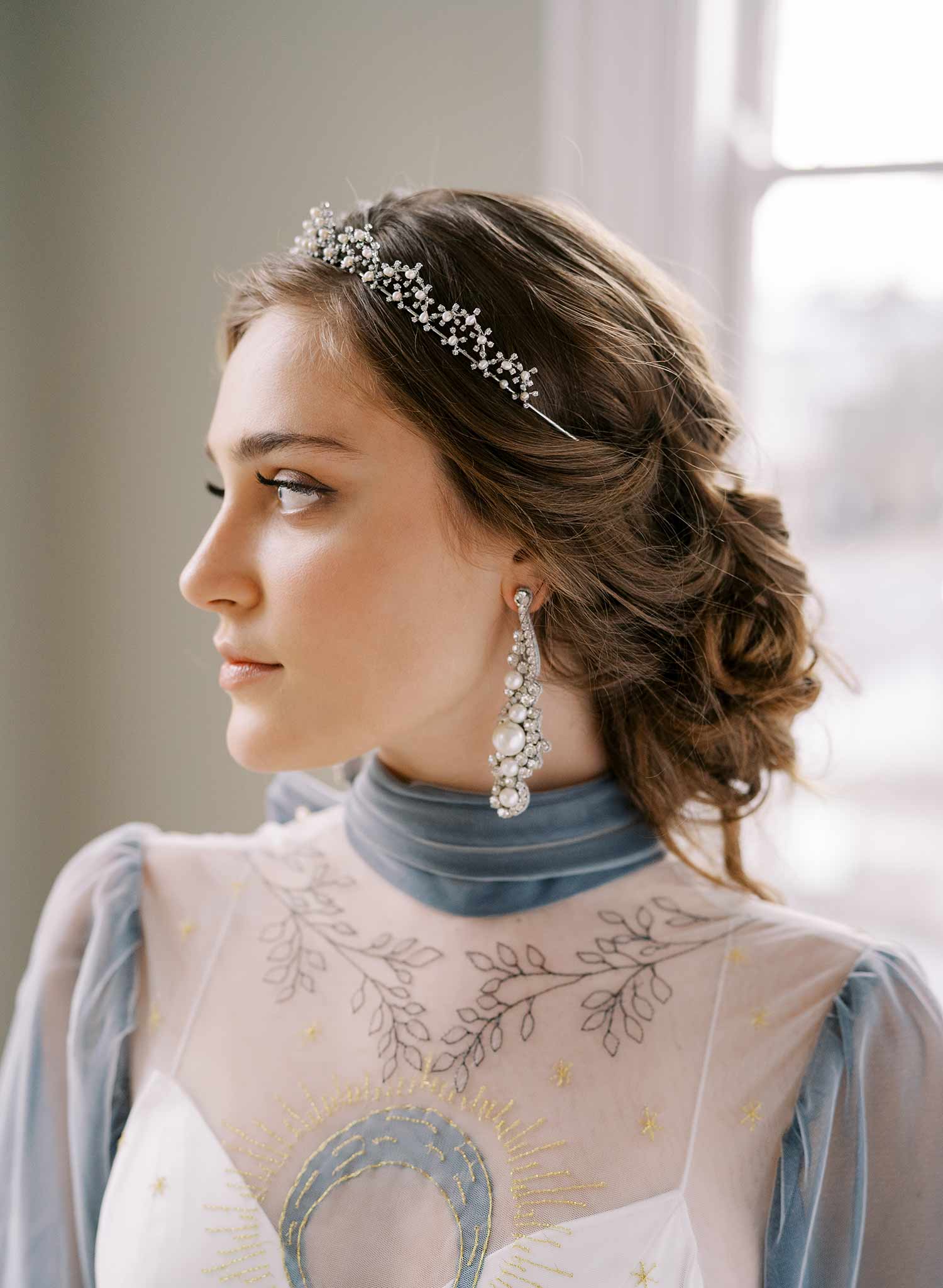 delicate crystal and pearl gold or silver bridal tiara, twigs and honey