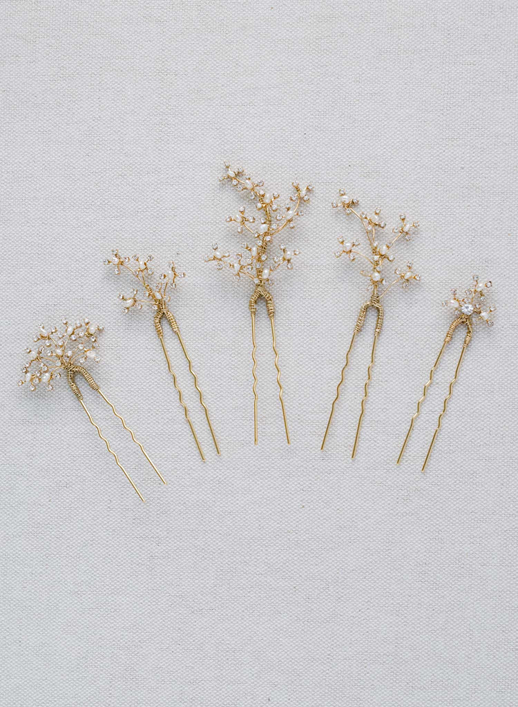 small wispy pearl and crystal gold or silver hair pin set, twigs and honey