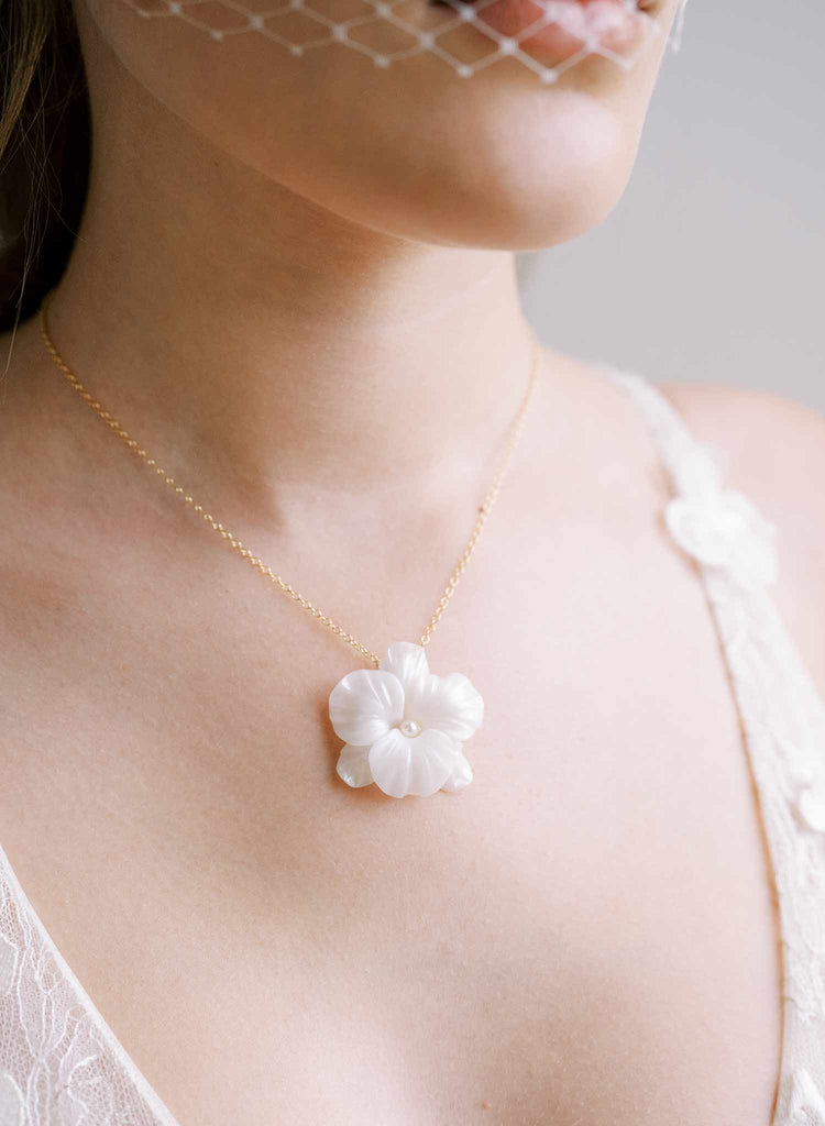 simple handmade white clay orchid flower pendand gold necklace, twigs and honey