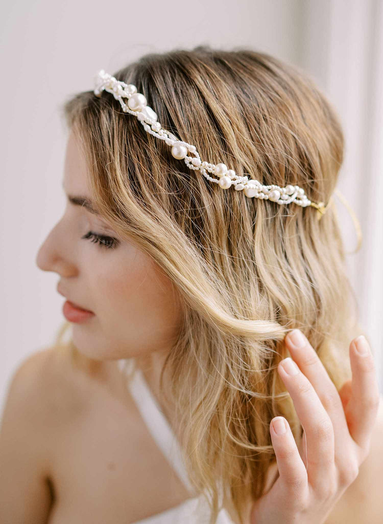 twisted handmade intertwined pearl wired bridal headband, twigs & honey
