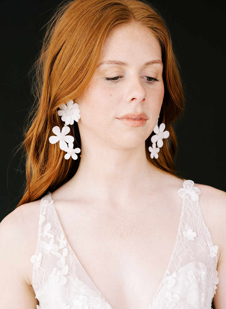 embroidered floral fabric white crystal hanging bridal earrings, twigs & honey