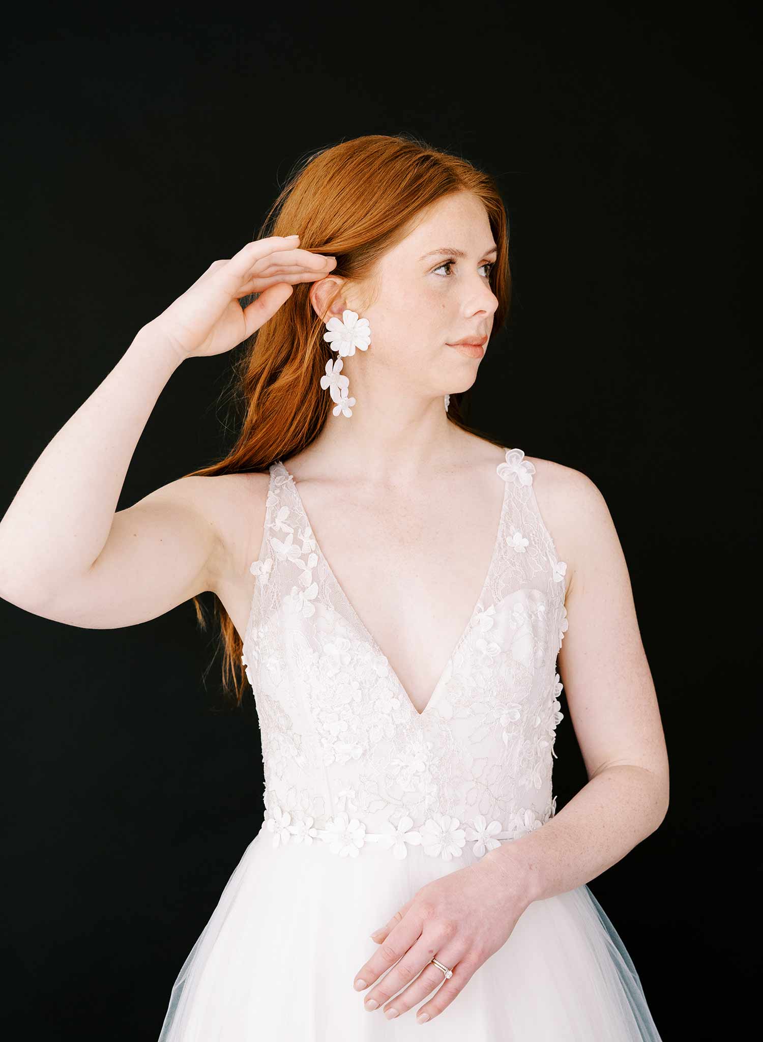 embroidered floral fabric white crystal hanging bridal earrings, twigs & honey