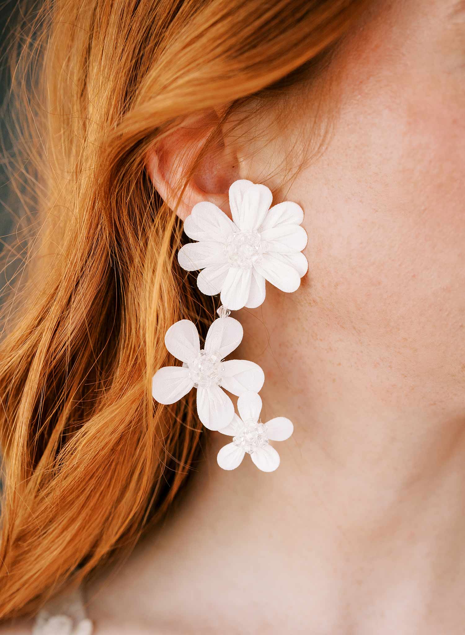embroidered floral fabric white crystal hanging bridal earrings, twigs & honey