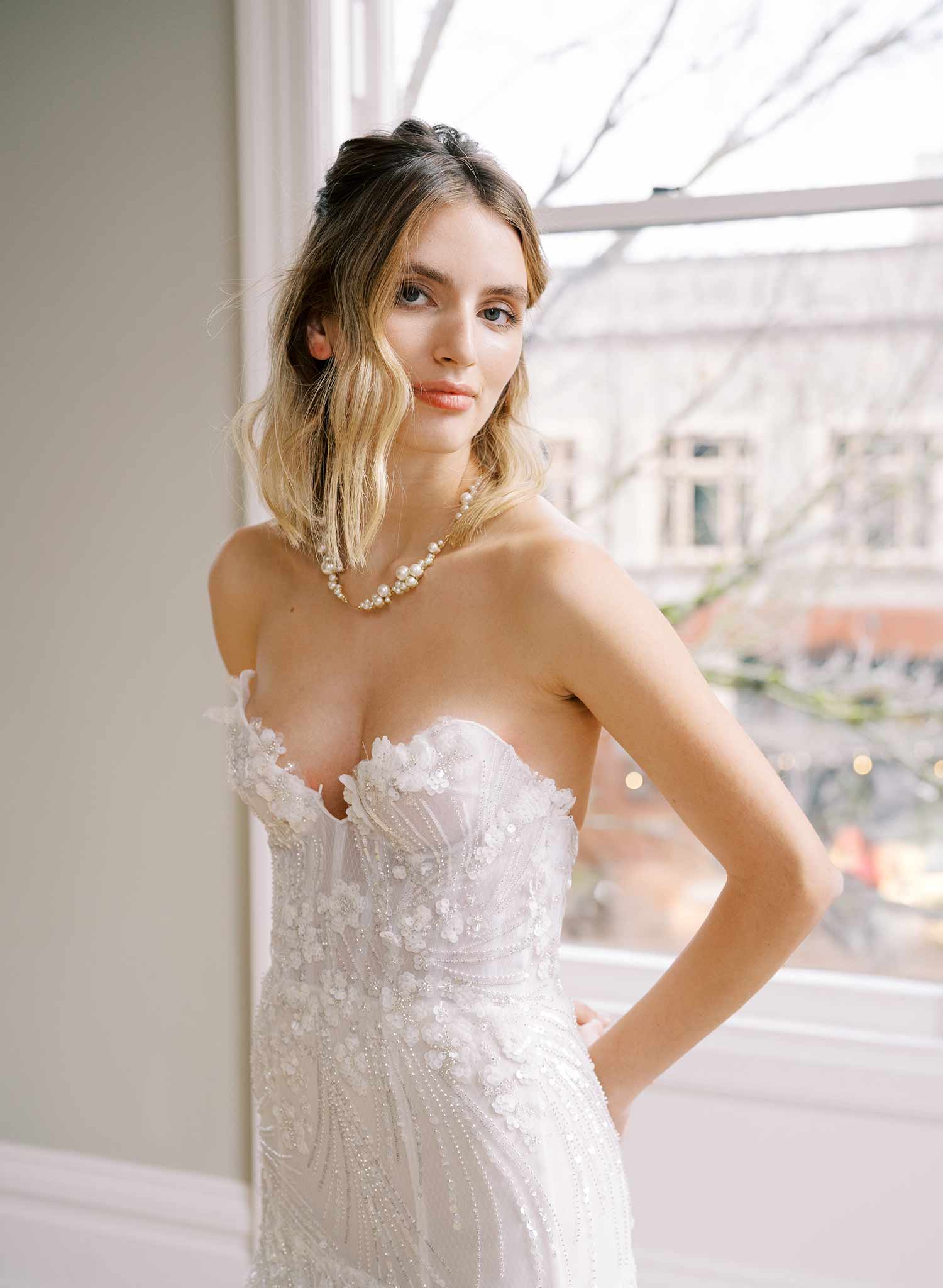short gold or silver pearl bridal necklace, twigs and honey