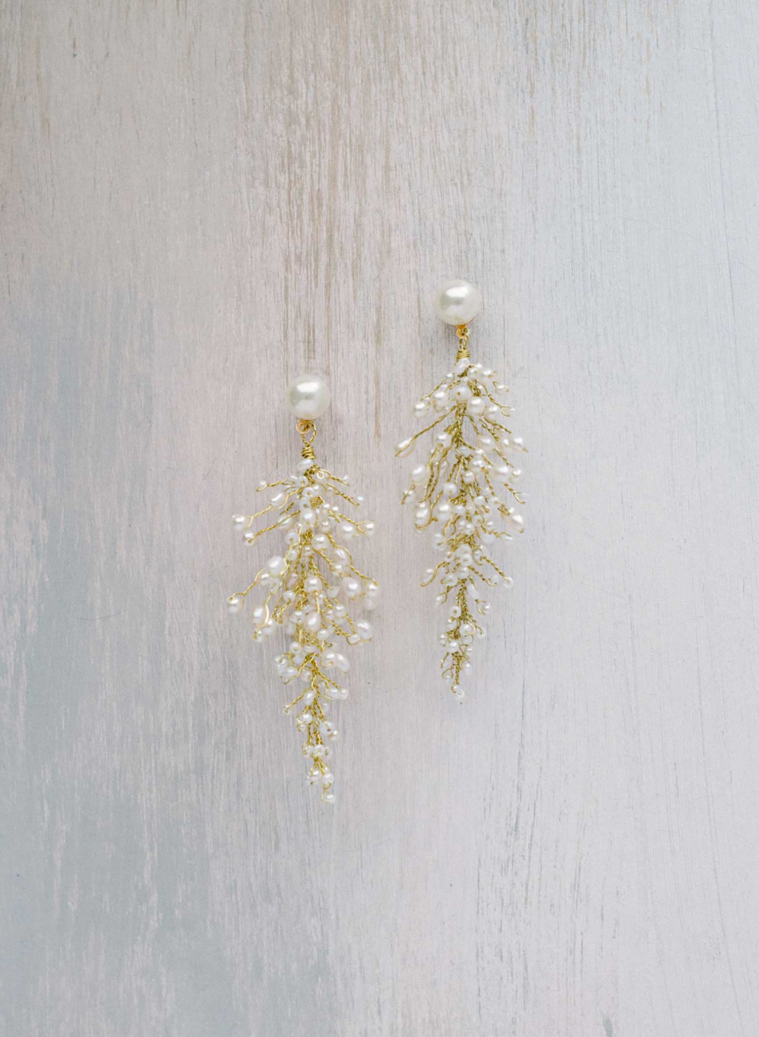 wired pearl gold long dangle bridal earrings, twigs & honey