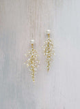 wired pearl gold long dangle bridal earrings, twigs & honey